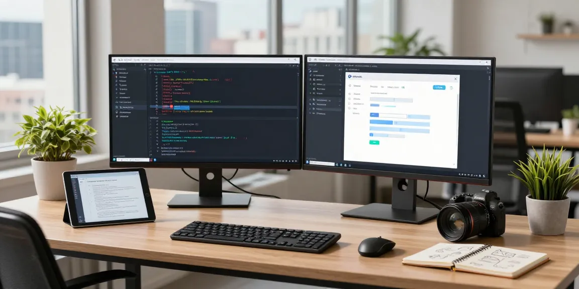 Software engineer coding on Telegram's interface in a modern workspace with screens and tech gadgets, showcasing 纸飞机中文版.