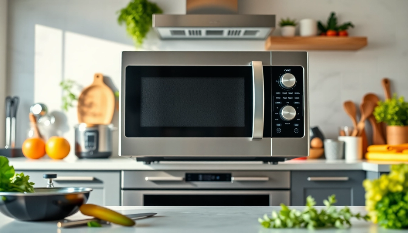 Microwave Oven Sales showcasing a modern microwave in a stylish kitchen setting with vibrant ingredients.