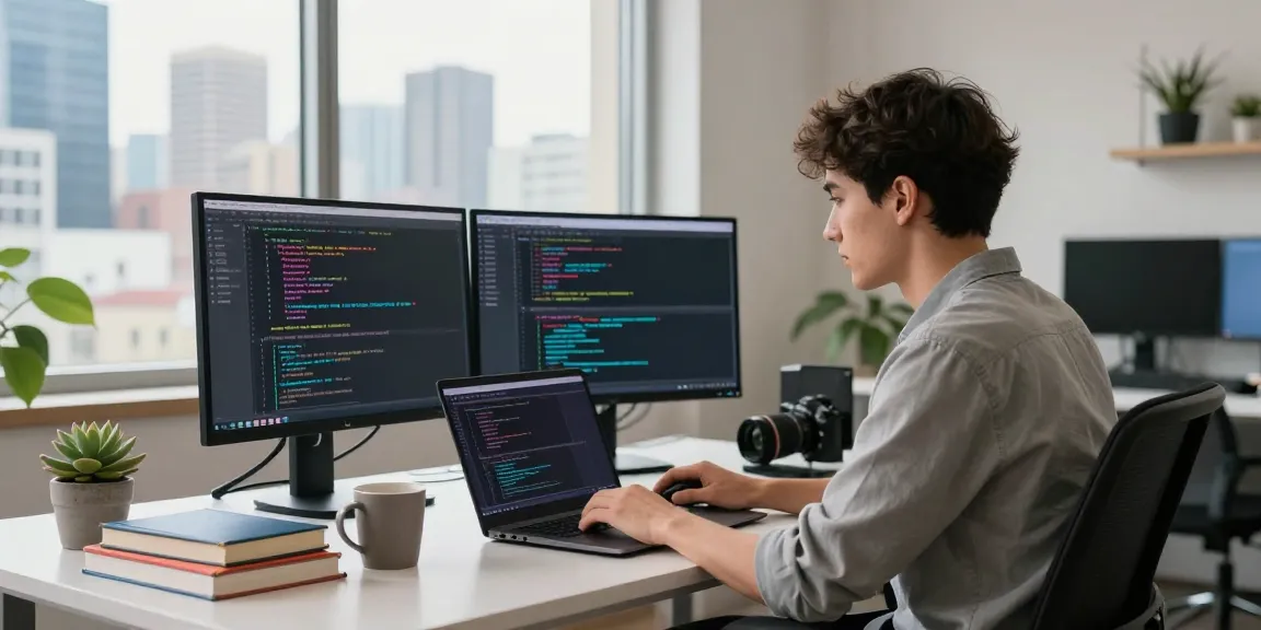 Developer coding in workspace with messaging apps on screens, showcasing telegram中文版.