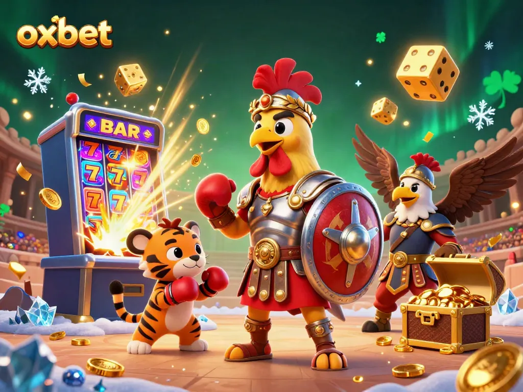 Experience dynamic gambling excitement with oxbet's cartoon gladiator rooster and thrilling game elements.
