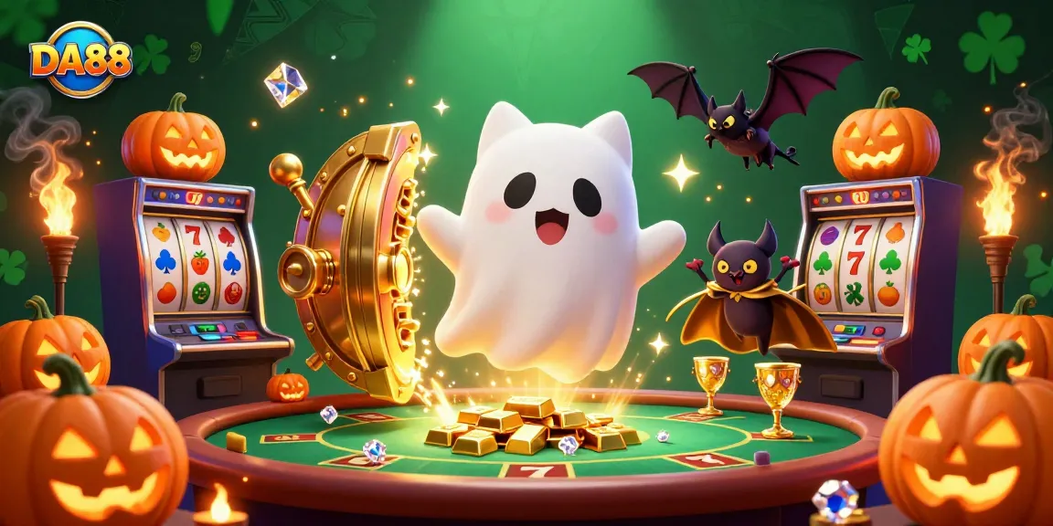 Engage in thrilling casino adventures with DA88 featuring a ghost cat, vampire bat, and glowing jack-o-lanterns.