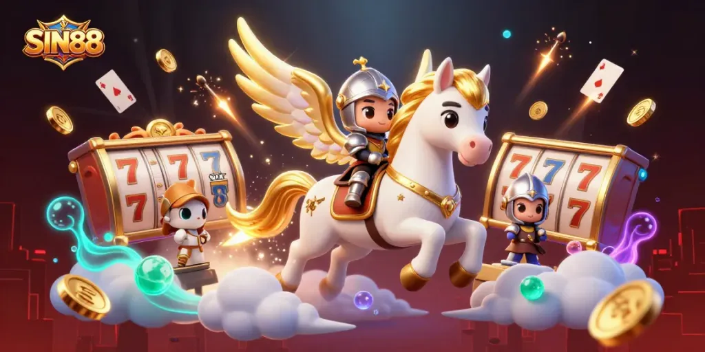 SIN88 players enjoy spinning slot reels with colorful themes in a vibrant 3D casino scene.