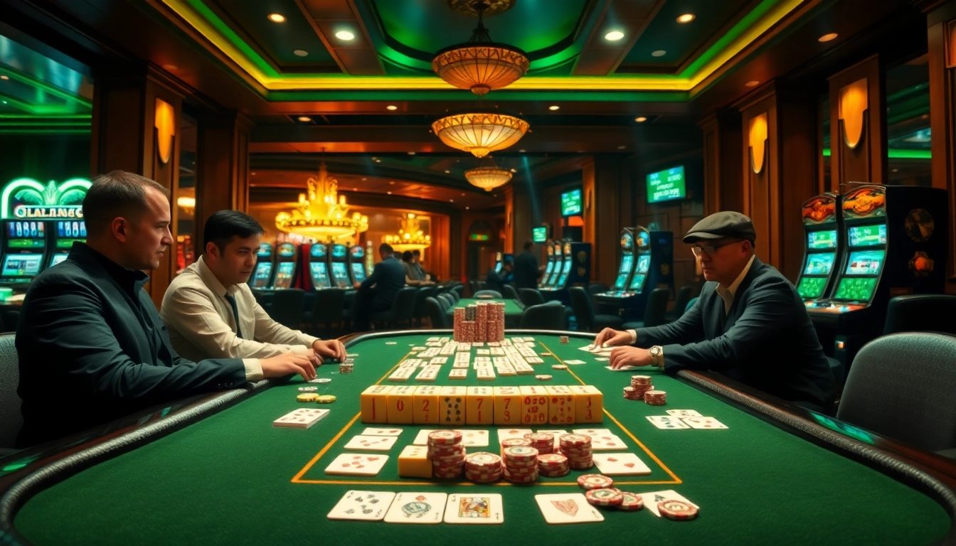 Engage with an exciting Mahjong slot demo at a luxury casino table filled with poker chips and vibrant colors.