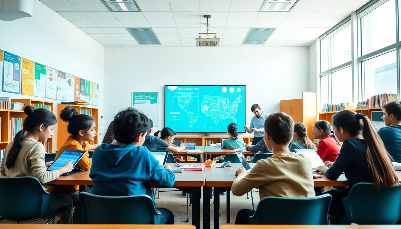 Education scene showing diverse students collaborating with technology in a modern classroom.