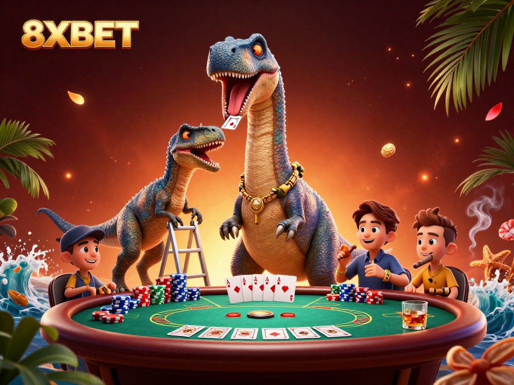 Experience thrilling action with 8XBET's vibrant poker scene showcasing a unique dinosaur-themed casino backdrop.