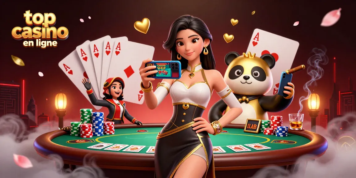 Scène captivante de meilleurs casinos en ligne mettant en avant une femme asiatique jouant à un jeu de casino, entourée d'éléments de poker vibrants.