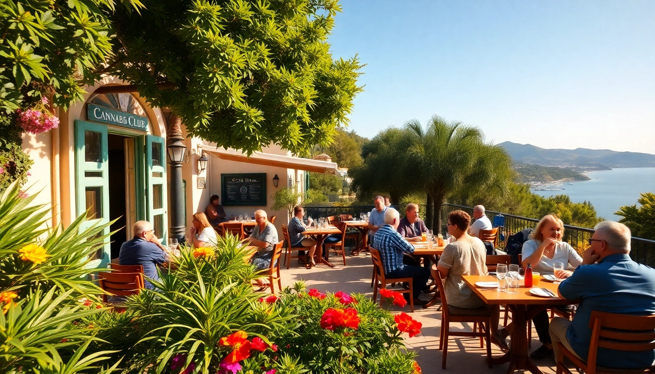 Members celebrating at the Costa Brava Cannabis Club's outdoor space with stunning views.