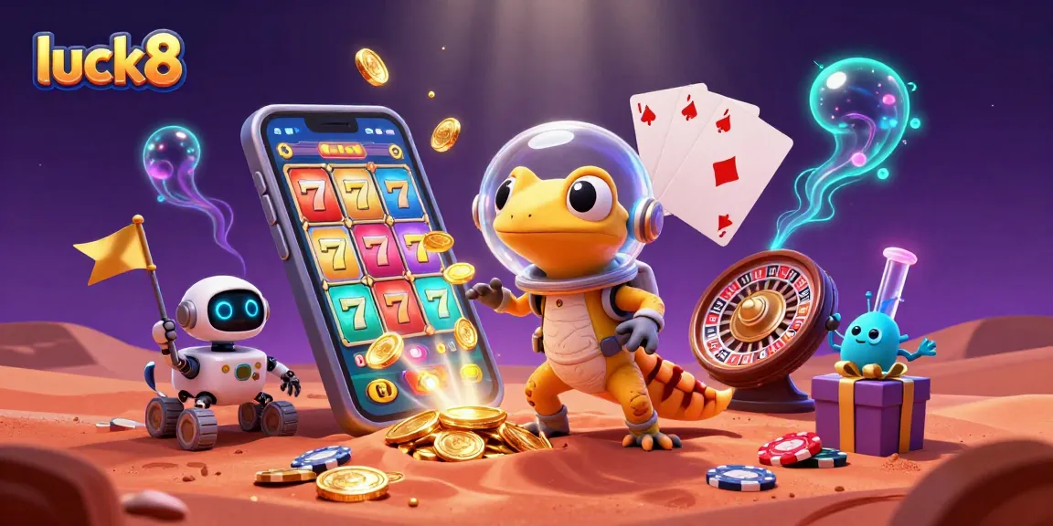 Luck8 players enjoy vibrant 3D casino thrills with Martian characters and dynamic slot machines.