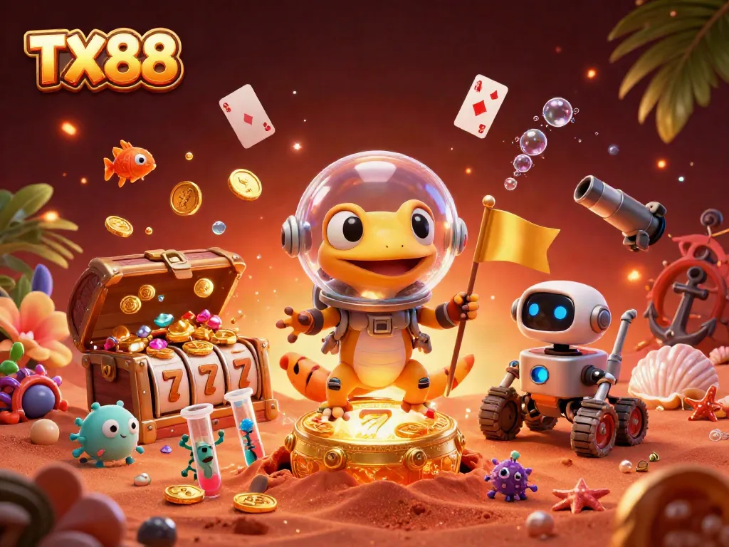 Engage in thrilling fun with TX88 as a Martian gecko discovers a vibrant casino in this vibrant digital art.