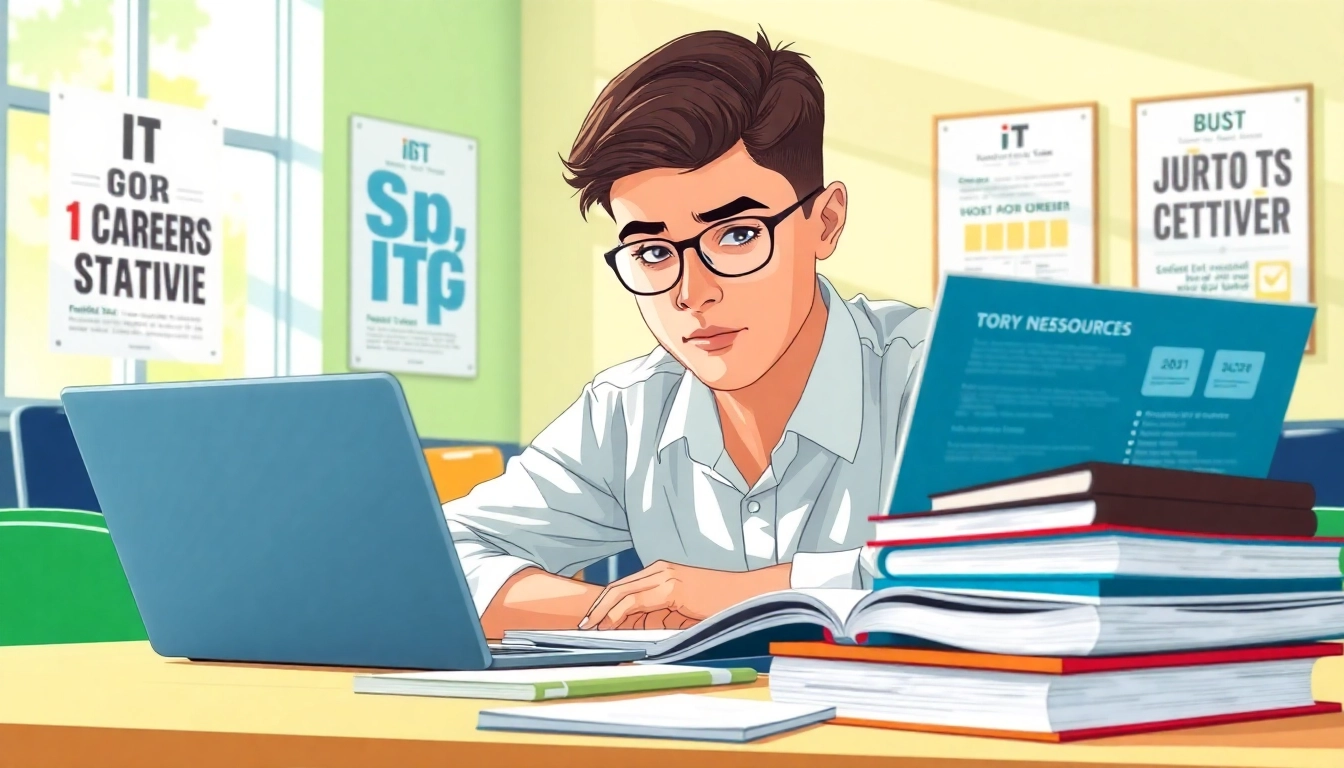 Focused student preparing to pass IT certification exams in a modern classroom with study materials.