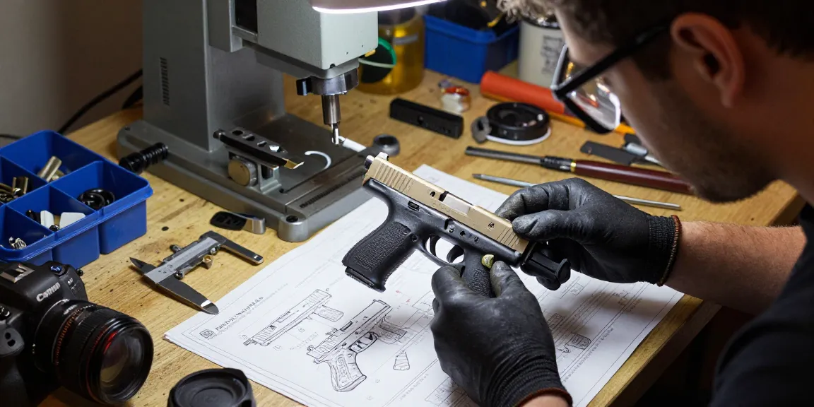 Precision Glock slide enhancements at https://precisionglockslides.com in an expert workshop setting.