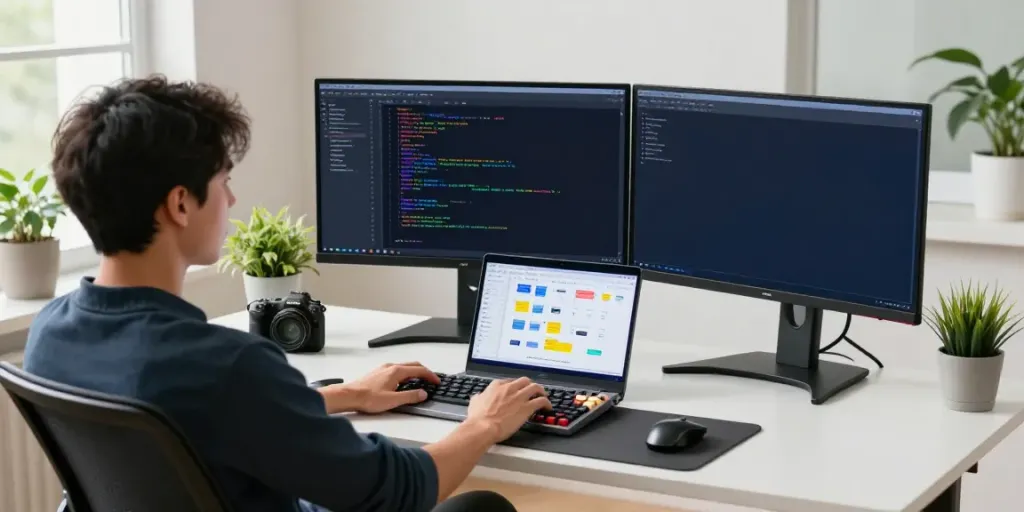Developer using Notepad++ at a modern workspace with dual monitors and coding tools on the desk at https://notepad-app.co/.