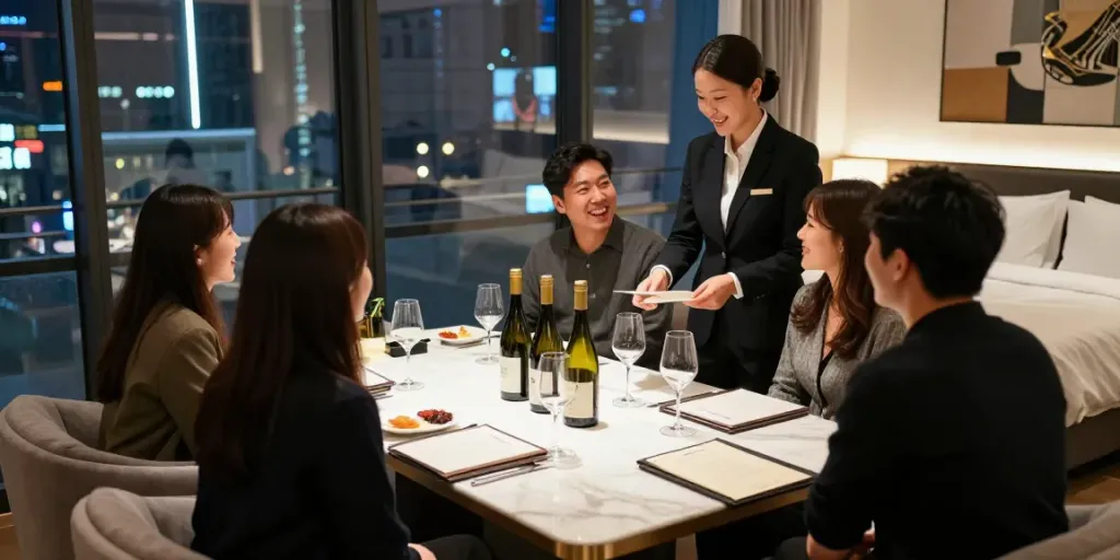 강남 구구단의 고급스러운 독립 룸에서 와인을 즐기는 손님들