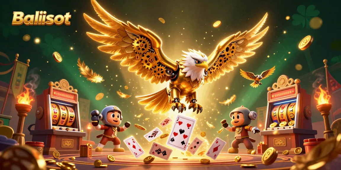 Experience thrilling Balislot action with this vibrant 3D illustration featuring a golden eagle in a vibrant casino scene.