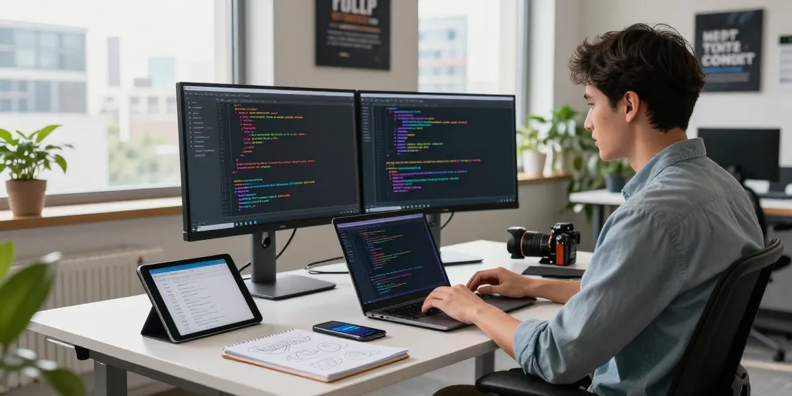 Dynamic workspace showcasing an Android development course with Kotlin, featuring dual monitors, coding environment, and tech gadgets.