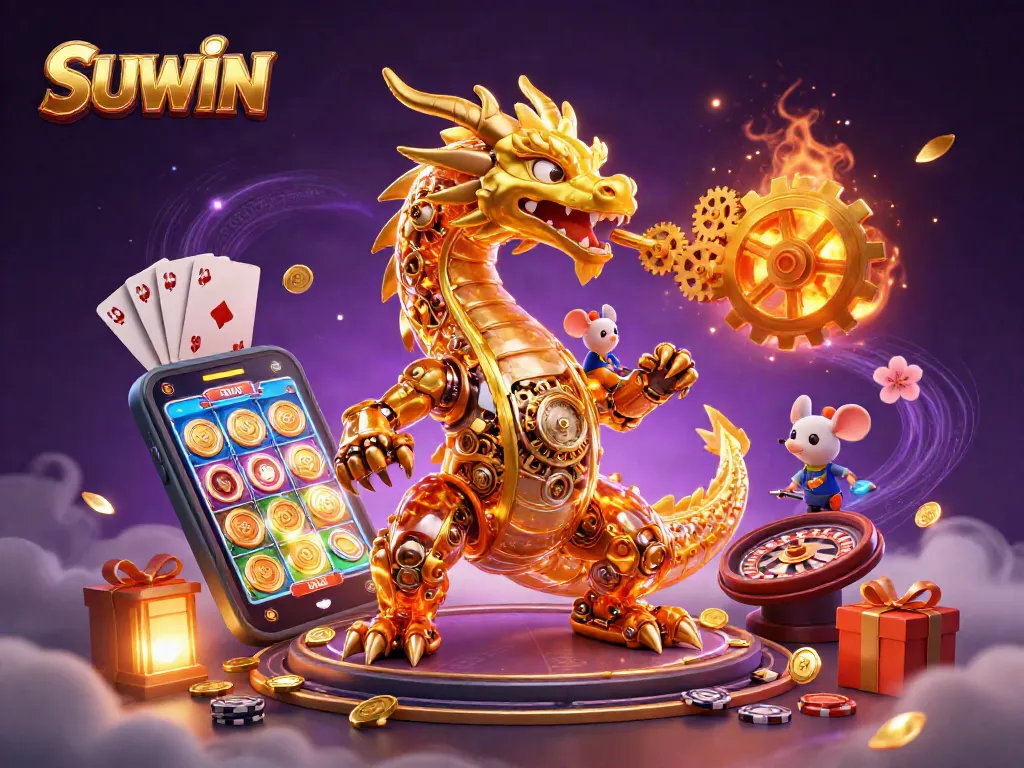 Suwin showcases a vibrant 3D golden dragon in a dynamic casino scene with spinning reels and flying coins.