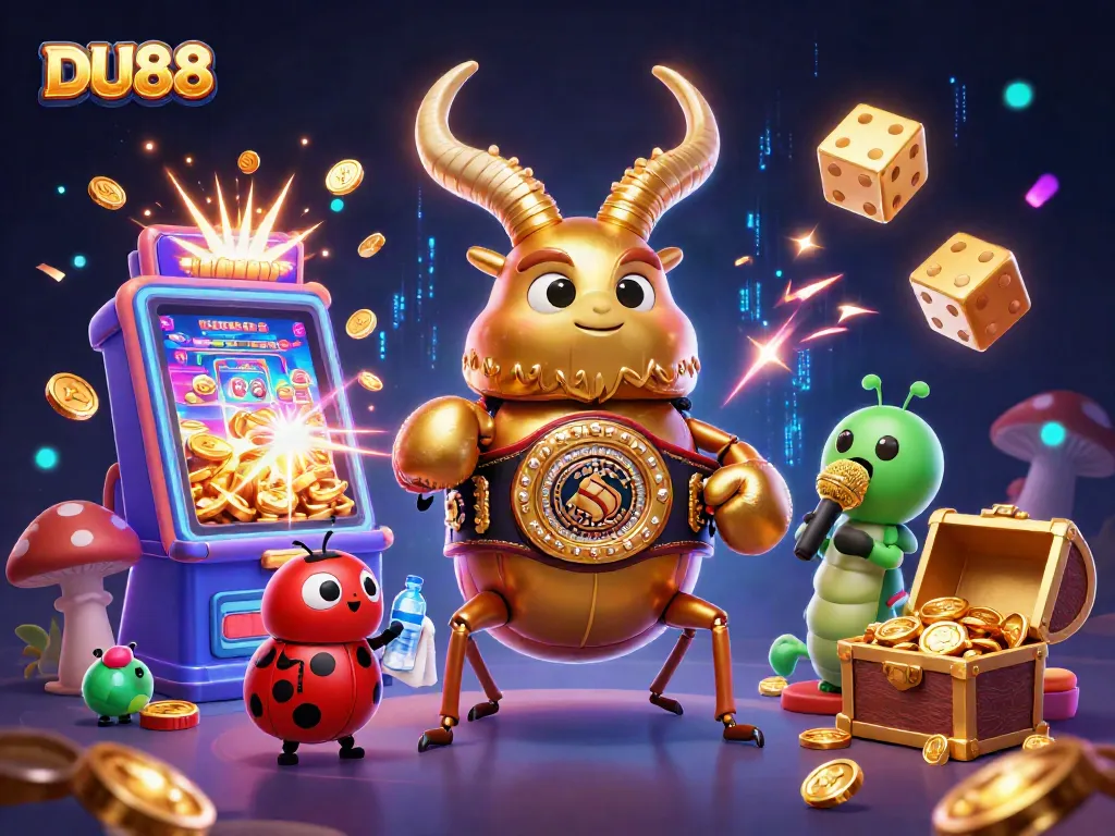 Experience DU88's vibrant casino world with a golden beetle champion, thrilling jackpots, and fun game elements.