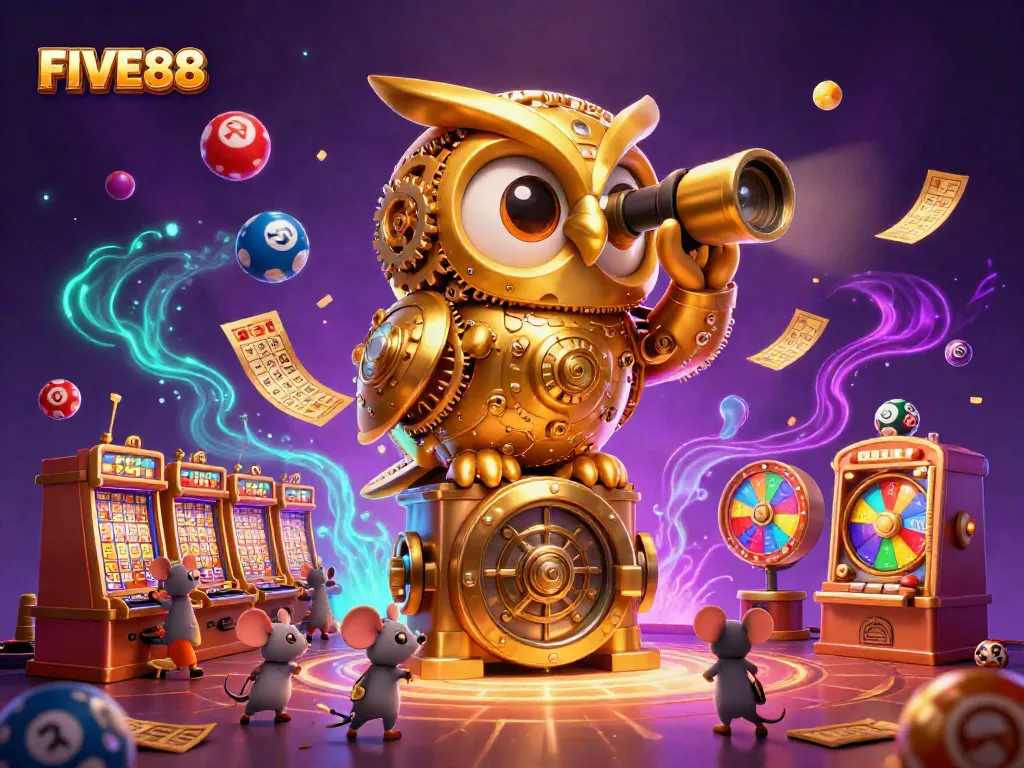 Join the excitement at FIVE88 with a vibrant casino scene featuring animated characters and dynamic game elements.