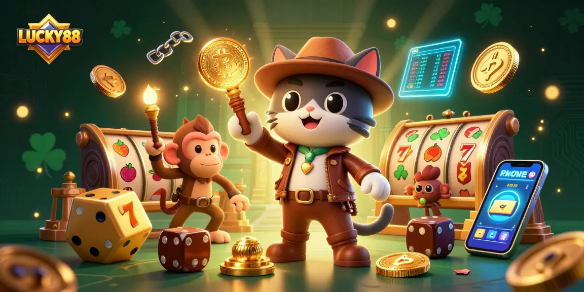 Experience the thrill of LUCKY88 with our dynamic slot scene featuring cartoon characters and vibrant casino elements.