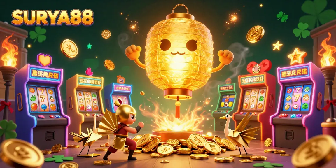 SURYA88 showcases a vibrant casino scene with a glowing giant lantern spirit, slot symbols, and golden elements.