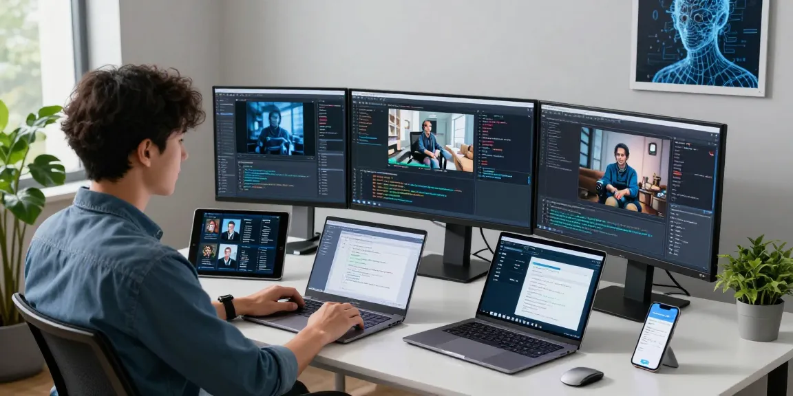 Dynamic workspace showcasing a free ai detector analysis with multiple monitors and a data scientist at work.