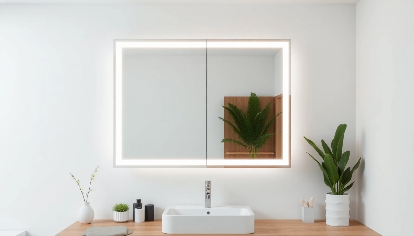 Explore led bathroom mirror Cabinet reflecting light in a beautifully designed modern bathroom.