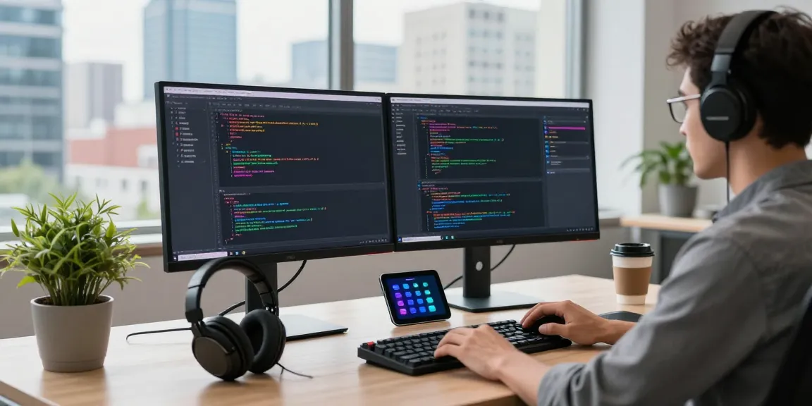 Developer coding on dual monitors about 纸飞机中文版 in a modern workspace.