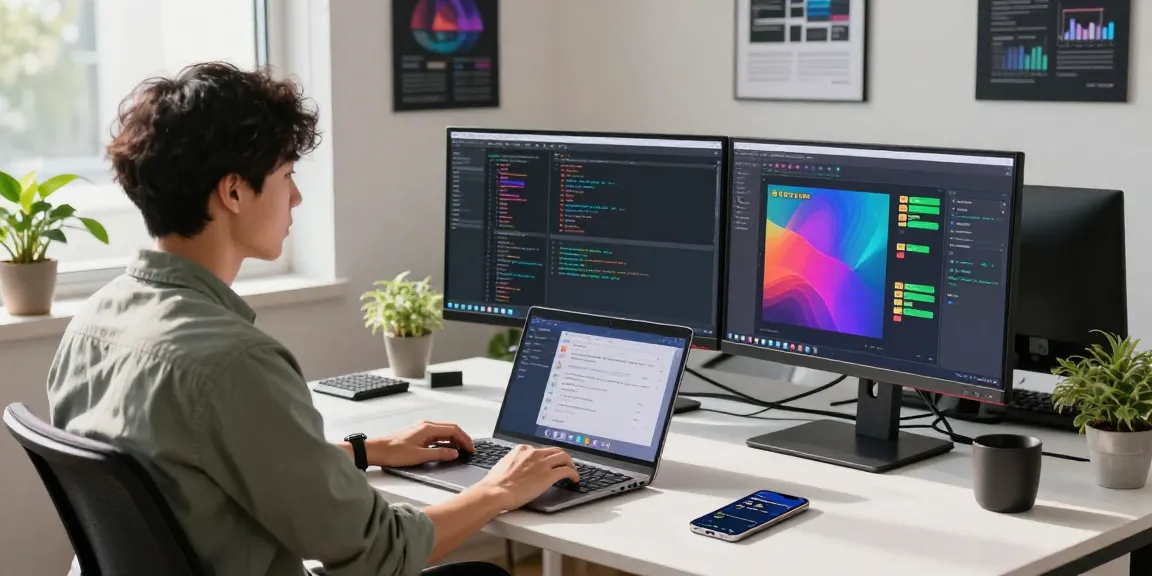 Developer coding with 纸飞机中文版 open on multiple screens in a modern tech office