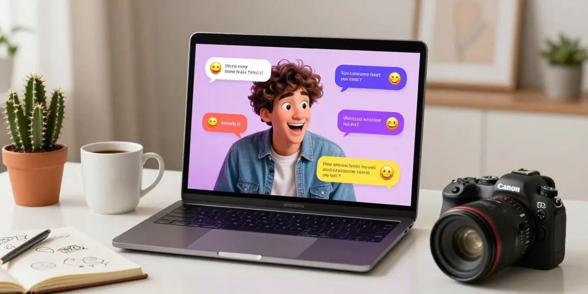 User engaged in lively conversation with Crushon AI character on laptop, expressing excitement in a modern workspace.