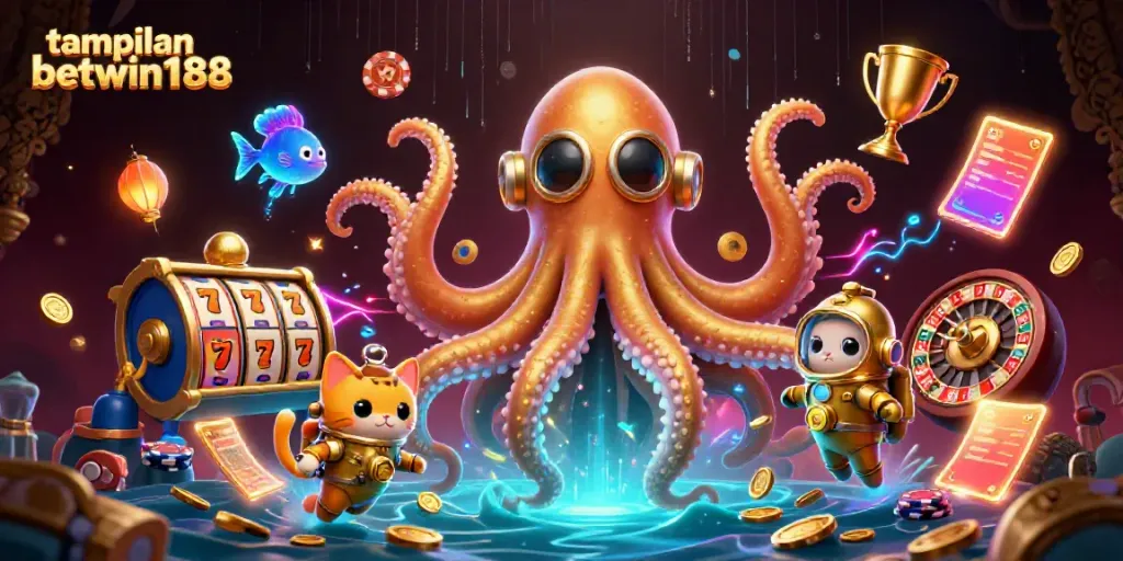 Menikmati tampilan betwin188 melalui ilustrasi 3D yang penuh warna dan aksi permainan kasino.
