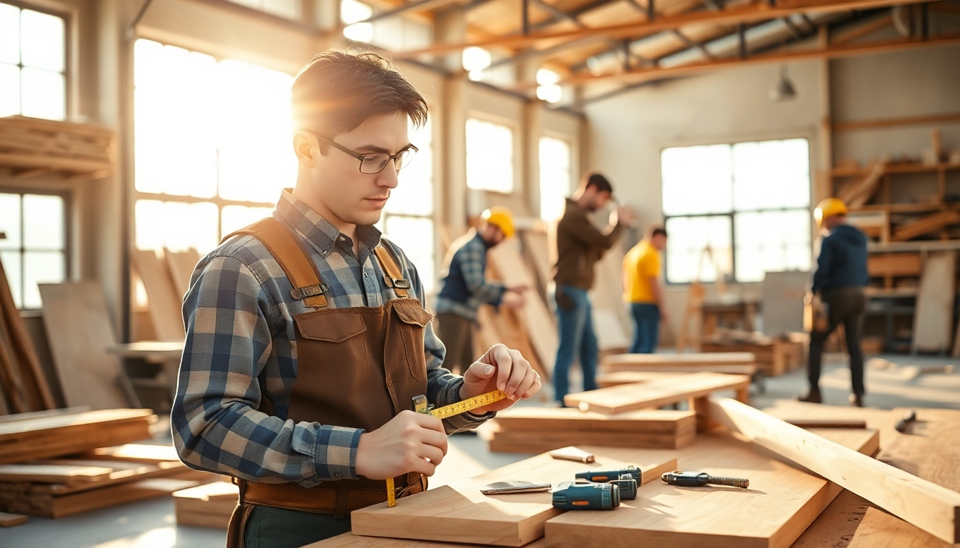 Construction apprenticeship in action as a student measures wood amidst collaborative activities.