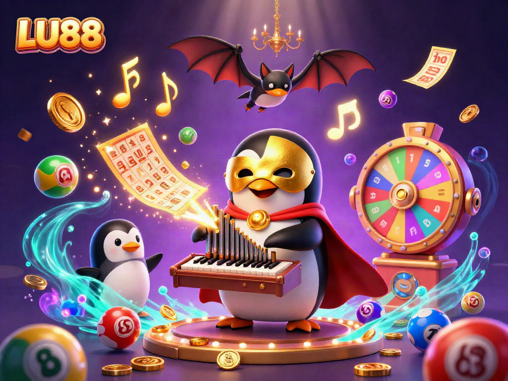 Experience thrilling LU88 gaming as the penguin plays while winning elements surround the scene.