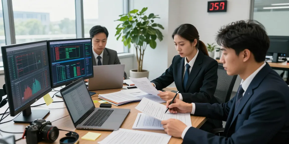 Professionals engaged in asset tracing analysis in a modern financial investigation office.