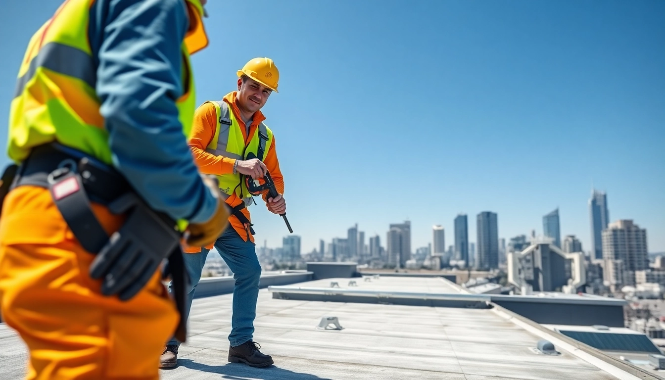 Showcasing commercial roofing services with a professional roofer inspecting a flat rooftop.