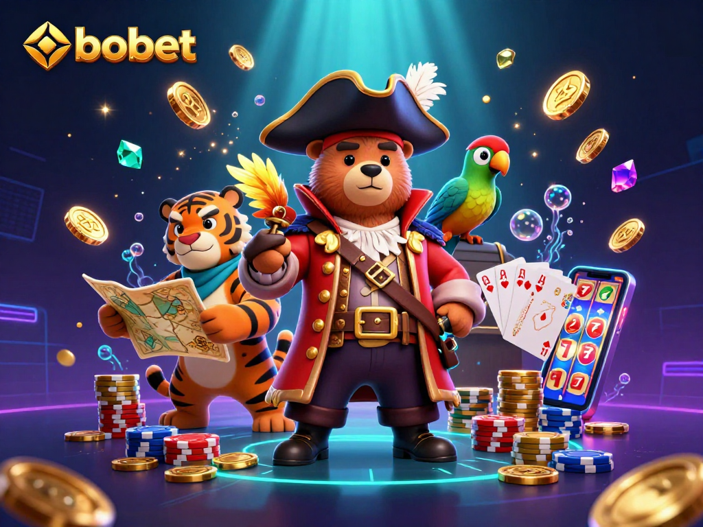 Experience sbobet's thrilling gameplay with a pirate captain bear, exploring treasure amidst sparkling gems.