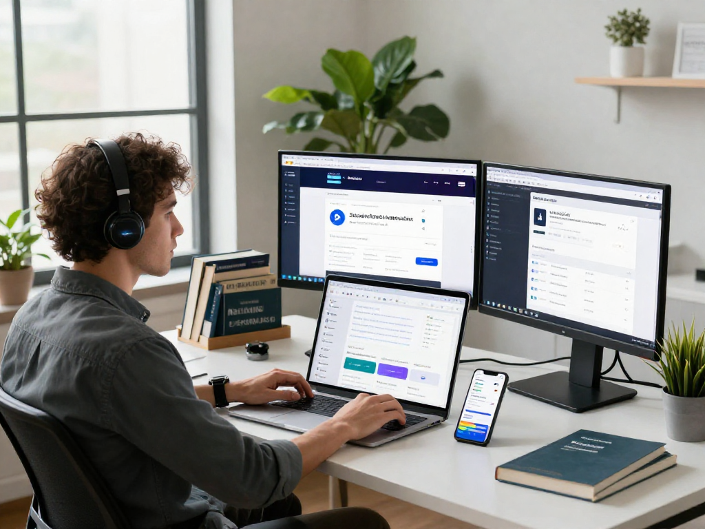 Digital marketer using an antidetect browser in a modern workspace with multiple screens.