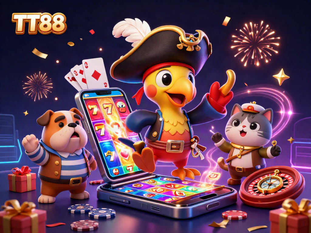 TT88-themed casino adventure with a pirate parrot captain, bulldog, and ship's cat among vibrant gaming elements.