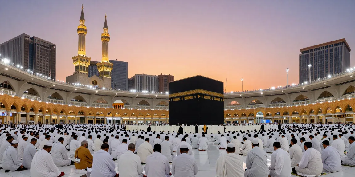 Stunning scene of Umroh Ramadhan pilgrimage at Masjid Al-Haram, with pilgrims gazing at the holy Kaaba at sunset. Travel guide for spiritual journeys.