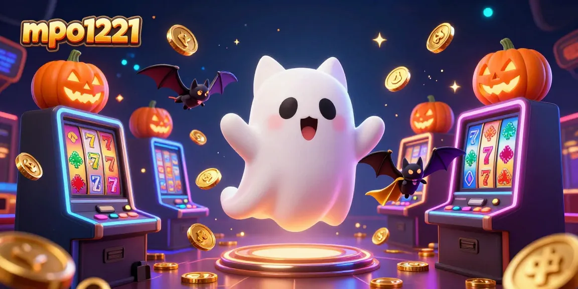 Engage with mpo1221 in a vibrant casino scene featuring a ghost cat and lights.