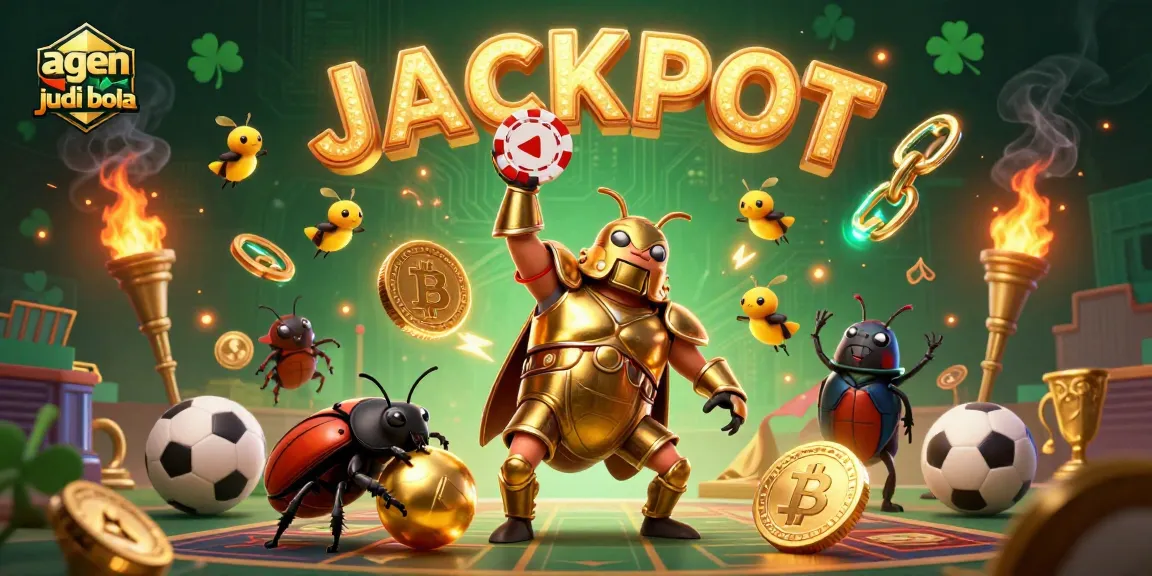 The engaging scene of agen judi bola showcases vibrant sports elements with a victorious beetle lifting a poker chip.