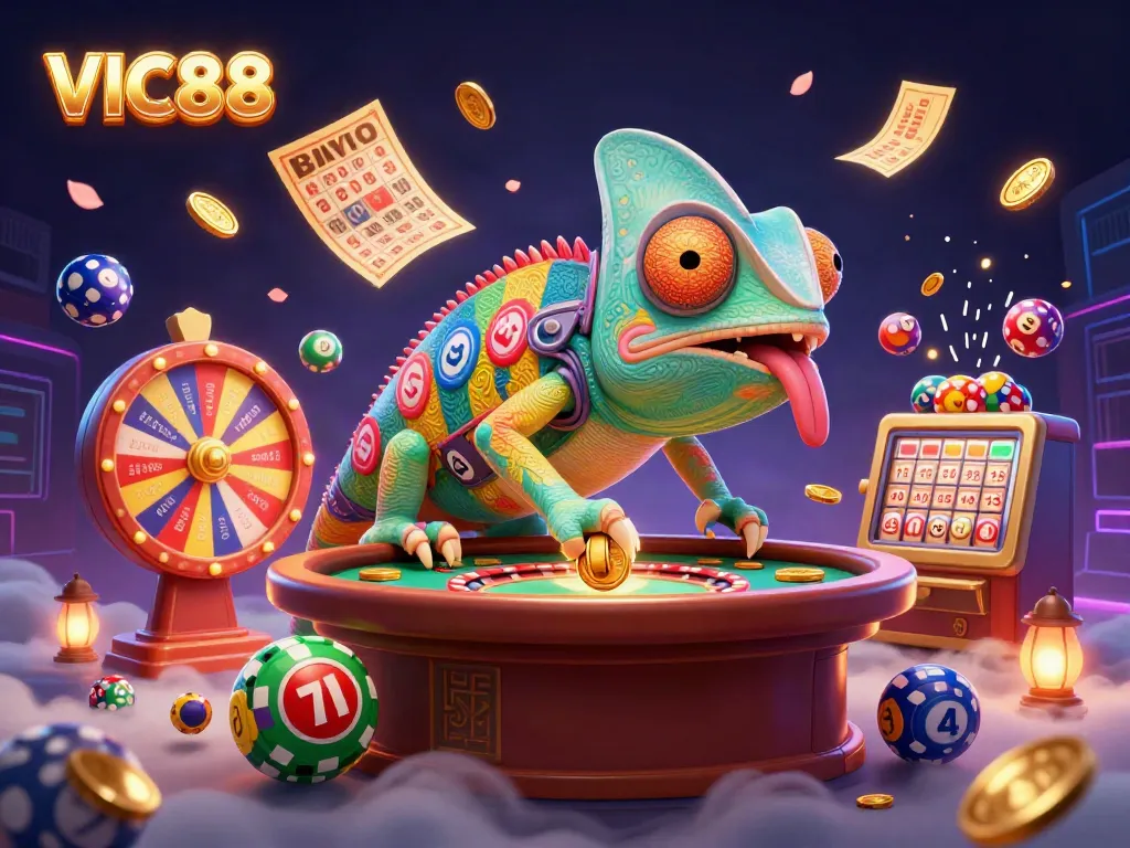 Exciting VIC88 casino scene with a chameleon owner collecting golden coins surrounded by vibrant game elements.