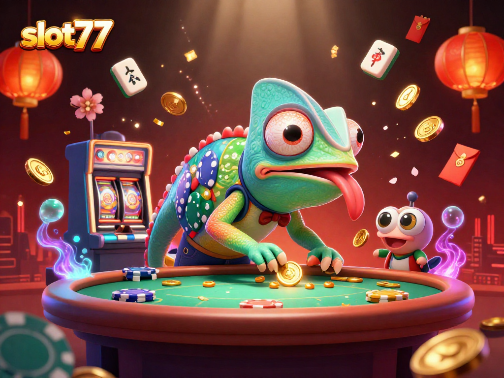 Experience excitement at slot77 with a lively casino scene featuring a colorful chameleon casino owner.