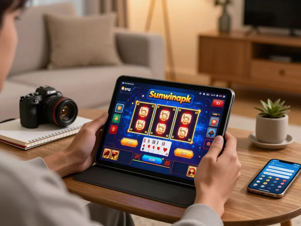 Player using sunwinapk on tablet while relaxing at home, showcasing engaging casino games.