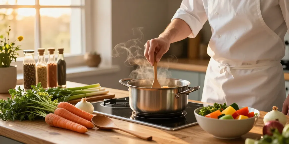 Leckere Klare Suppe, die mit frischen Zutaten in einer gemütlichen Küche köchelt.