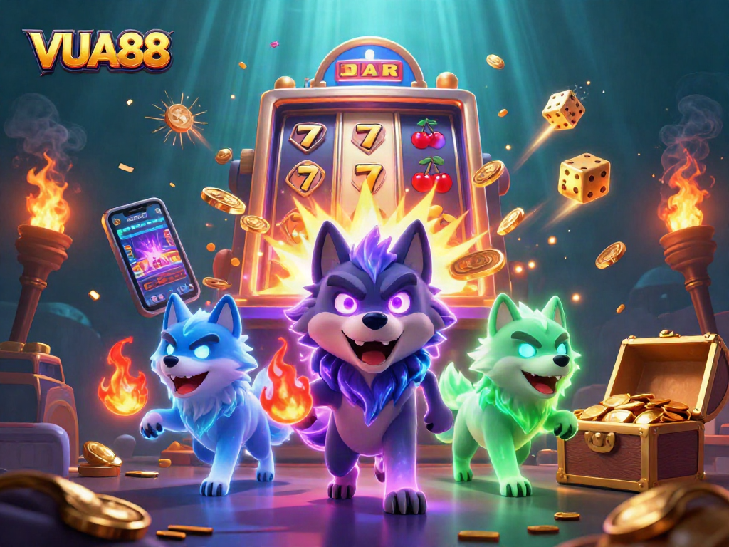 VUA88 showcases thrilling gameplay with a shadow wolf pack leader, slot machine, and vibrant casino elements.