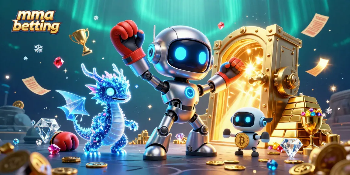 MMA betting action illustrated with a robot, AI dragon, and drone amid treasures and sports elements.
