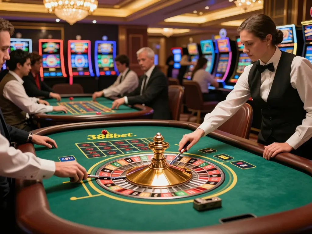 Experience excitement at 388bet roulette table with players and croupier under warm lighting.