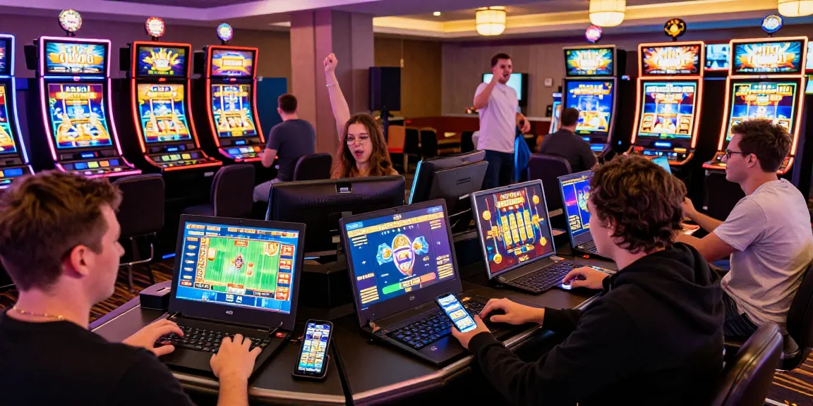 Engaged players exploring non UKGC casinos in a vibrant online gambling scene with exciting game displays.