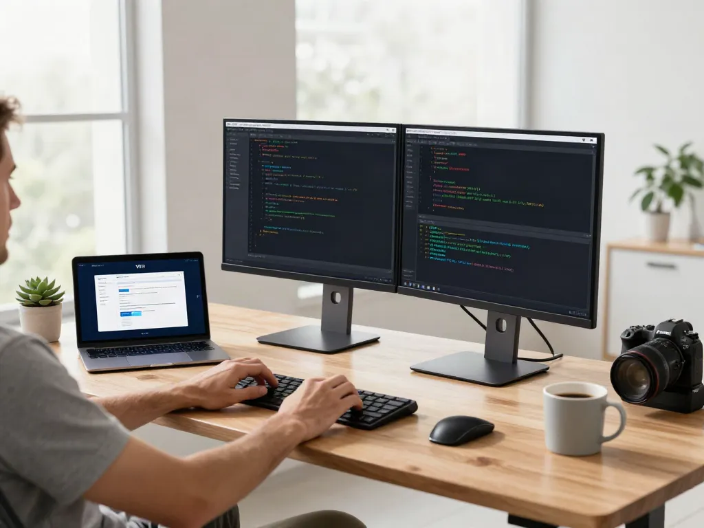 v2rayN官网 focused technology workspace with software engineer coding on dual screens