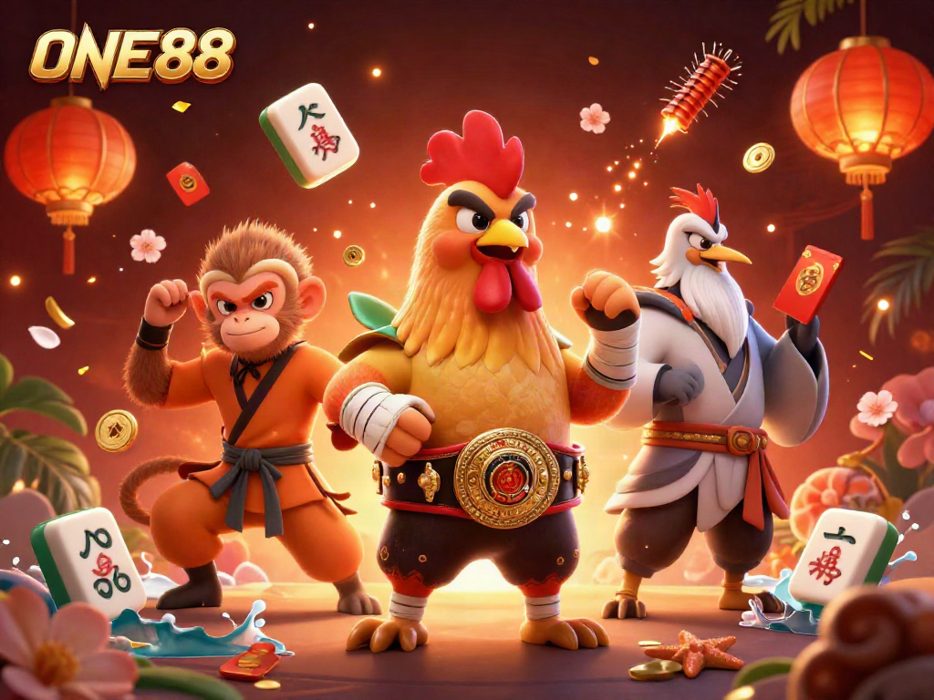 Engage with ONE88's dynamic games in a vibrant 3D casino scene featuring colorful characters and exciting elements.